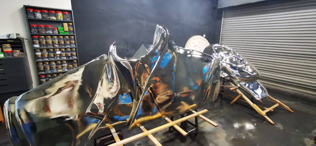 Large-scale mirror chrome sculpture sections in the 3D Forger atelier, Kuala Lumpur