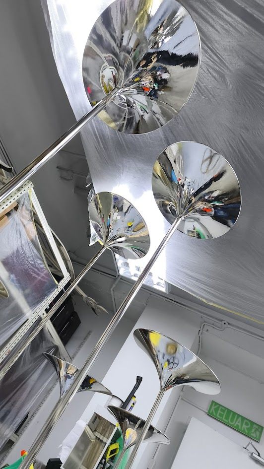 Mirror chrome trumpet display stands fabricated by 3D Forger Malaysia