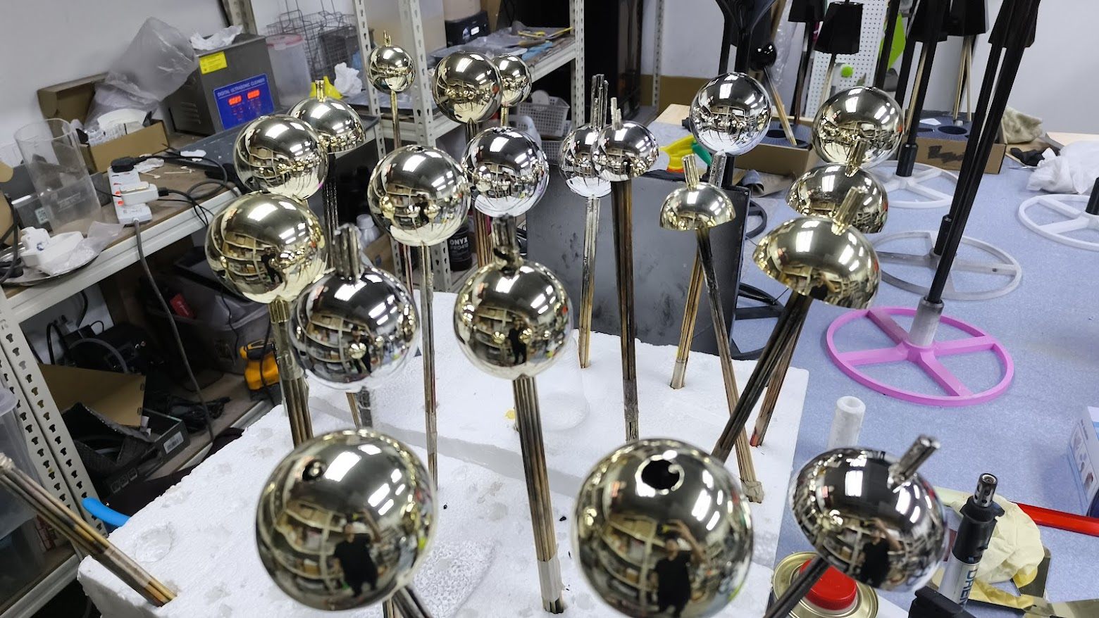 Gold metallic finished spheres for retail display fabrication Malaysia